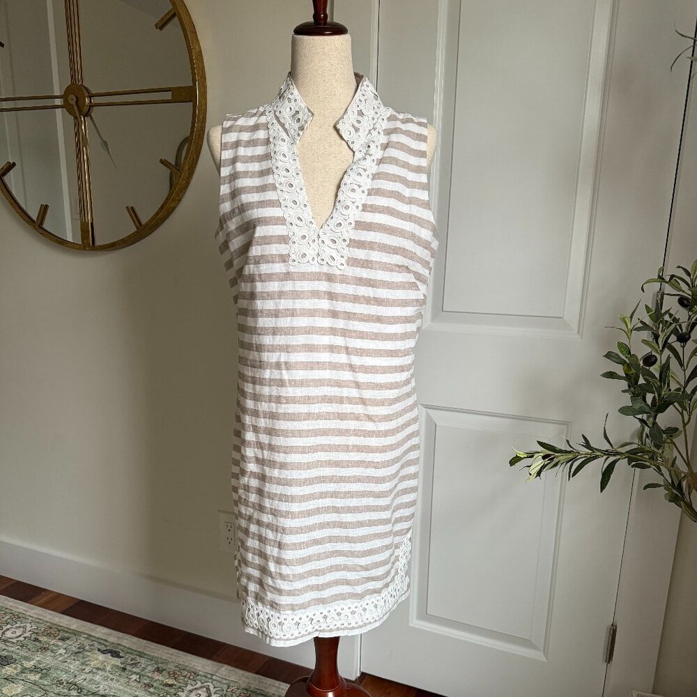 Eliza J Striped Linen & Cotton blend sleeveless dress Taupe & White Size 8